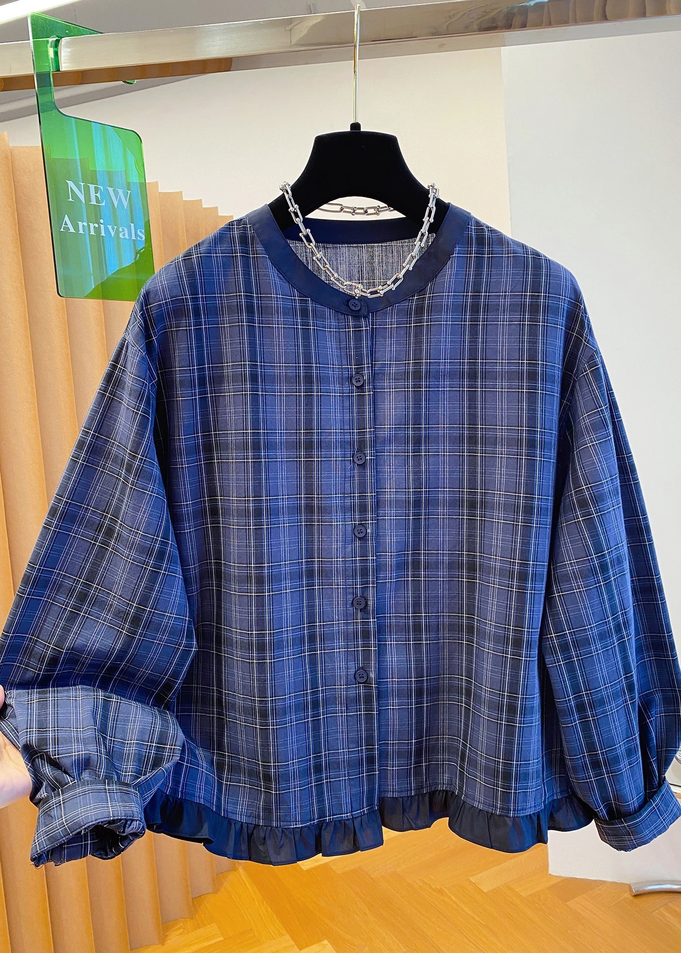 Ruffled Cotton Blue Fall Plus Neck Shirt Top Plaid O Size