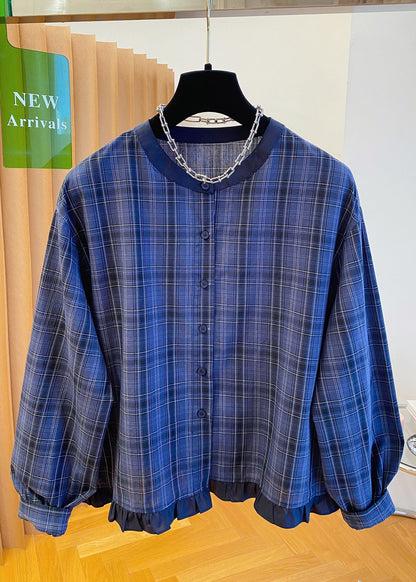 Ruffled Cotton Blue Fall Plus Neck Shirt Top Plaid O Size