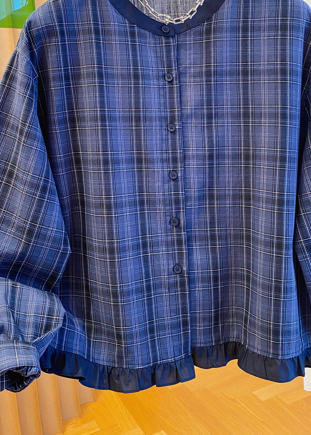 Ruffled Cotton Blue Fall Plus Neck Shirt Top Plaid O Size