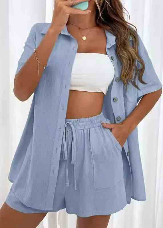 Pieces Blue Summer Cotton Two Pajamas Oversized Set Plus Size