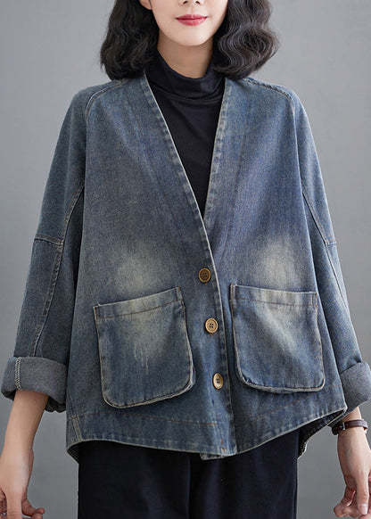 Plus Size Blue Oversized Pockets Denim Coat Outwear Spring TM009