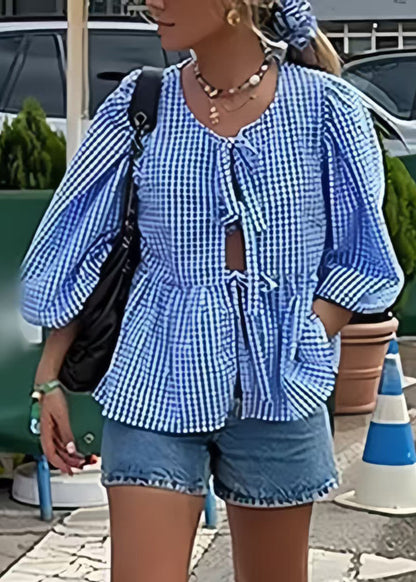 Puff Lace Size Plus Shirts Blue Sleeve Cotton Summer Up Plaid