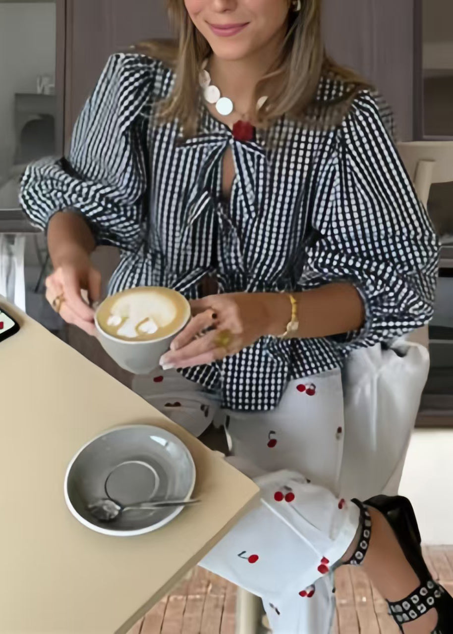 Puff Lace Size Plus Shirts Blue Sleeve Cotton Summer Up Plaid