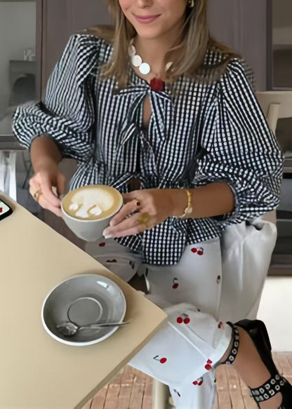 Puff Lace Size Plus Shirts Blue Sleeve Cotton Summer Up Plaid