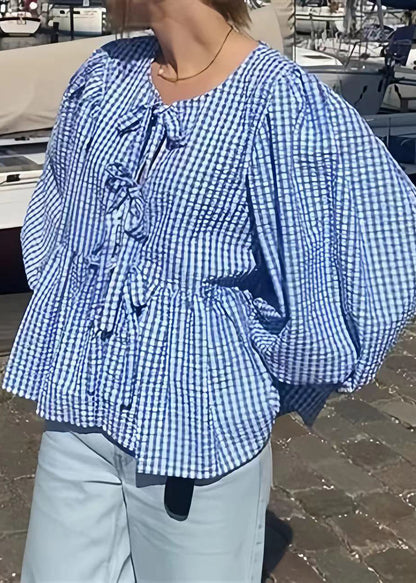 Puff Lace Size Plus Shirts Blue Sleeve Cotton Summer Up Plaid