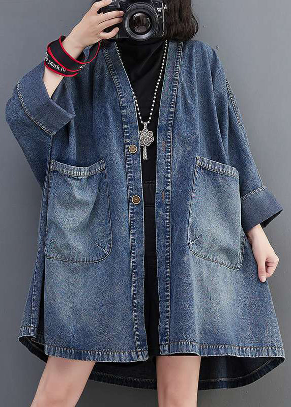 Neck Denim V Blue Fall Size Coats Pockets Plus