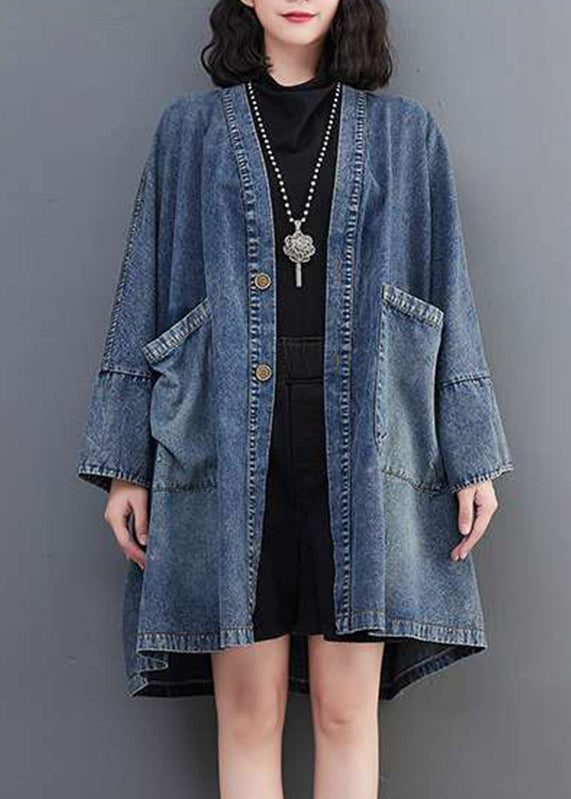 Neck Denim V Blue Fall Size Coats Pockets Plus