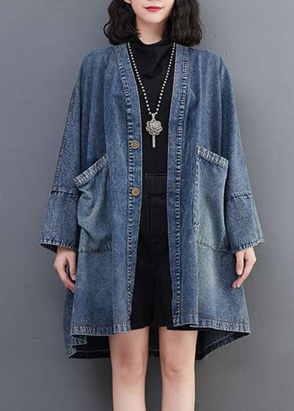 Neck Denim V Blue Fall Size Coats Pockets Plus