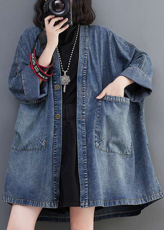 Neck Denim V Blue Fall Size Coats Pockets Plus