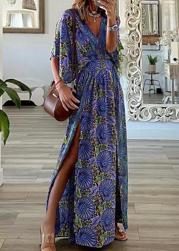 V Size Dresses Summer Neck Maxi Open Print Plus Side Cotton Blue