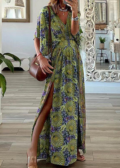 V Size Dresses Summer Neck Maxi Open Print Plus Side Cotton Blue