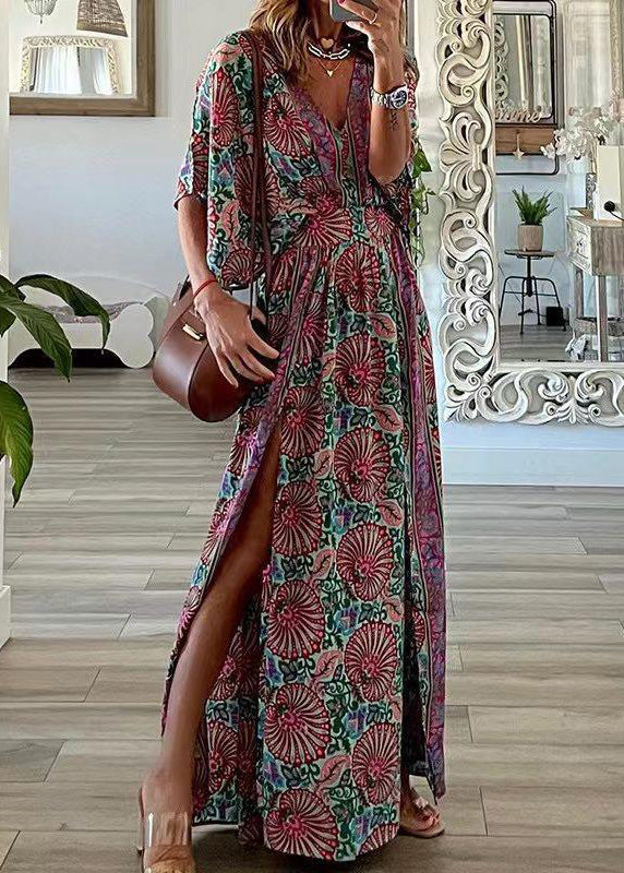 V Size Dresses Summer Neck Maxi Open Print Plus Side Cotton Blue