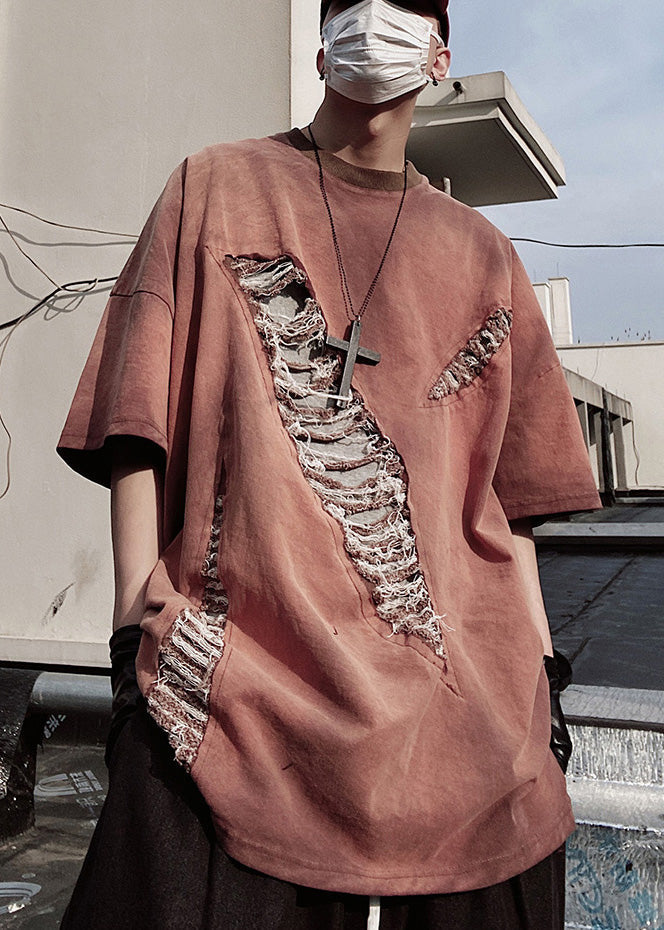 Graphic Mens Tees Brick Cotton Red Ripped Size Plus Oversized