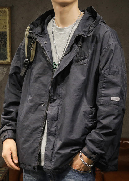 Drawstring Spring Mens Caramel Solid Plus Hooded Coat Size Cotton