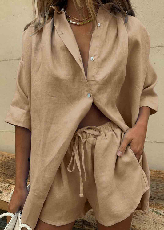 Oversized Set Plus Size Summer Two Pieces Coffee Linen