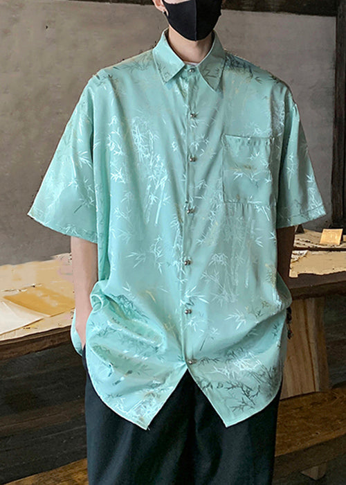 Plus Size Green Button Print Ice Silk Men Shirts Short Sleeve YT063