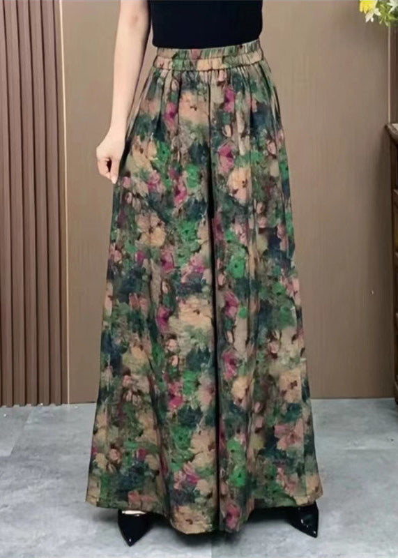 Silk Elastic Wide Ice Pants Print Green Plus Waist Size Leg