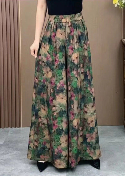 Silk Elastic Wide Ice Pants Print Green Plus Waist Size Leg