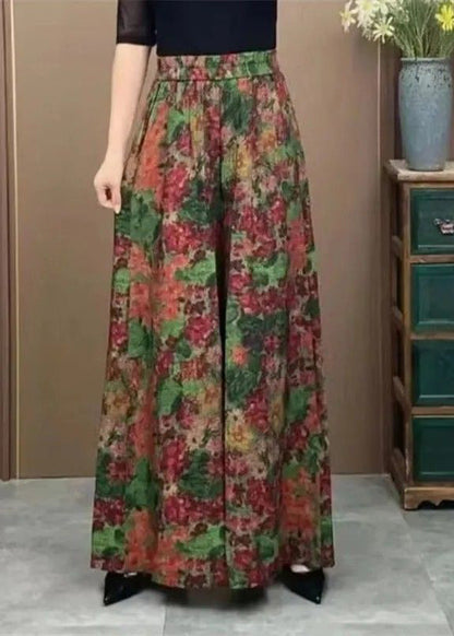 Silk Elastic Wide Ice Pants Print Green Plus Waist Size Leg