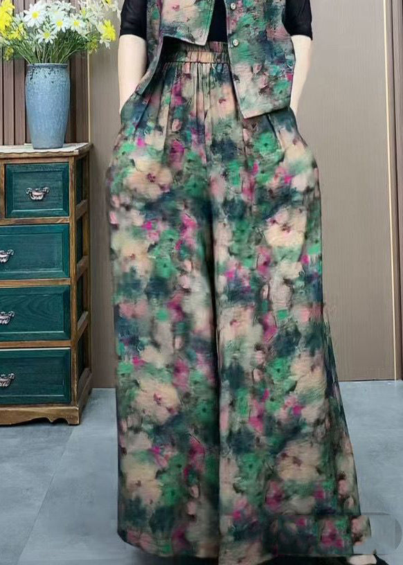 Silk Elastic Wide Ice Pants Print Green Plus Waist Size Leg