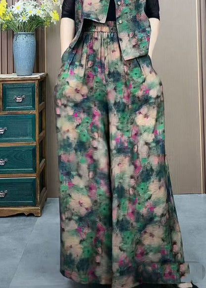 Silk Elastic Wide Ice Pants Print Green Plus Waist Size Leg