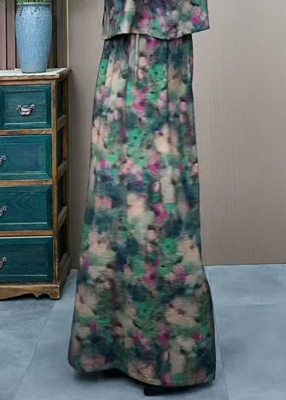 Silk Elastic Wide Ice Pants Print Green Plus Waist Size Leg