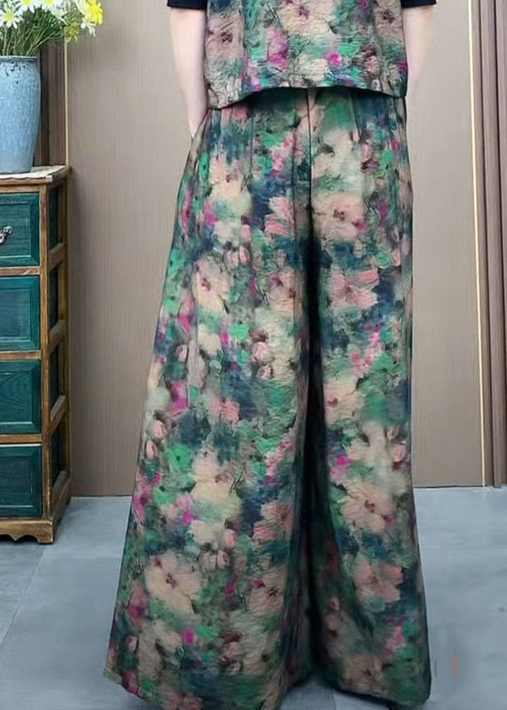 Silk Elastic Wide Ice Pants Print Green Plus Waist Size Leg