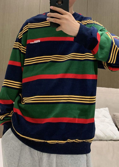 Plus Size Green O Neck Striped Cotton T Shirt Men Casual Clothing Fall WJ018