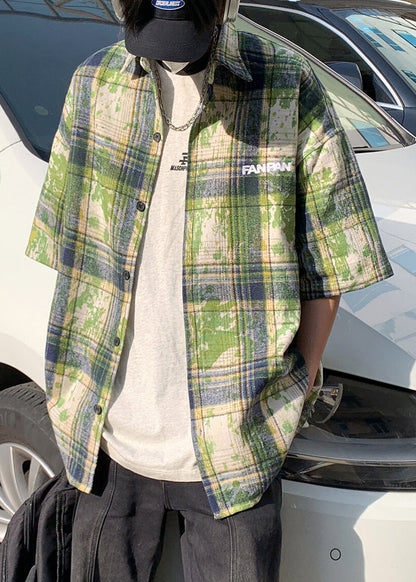 Summer Men Green Plaid Shirts Size Tie Plus Cotton Dye