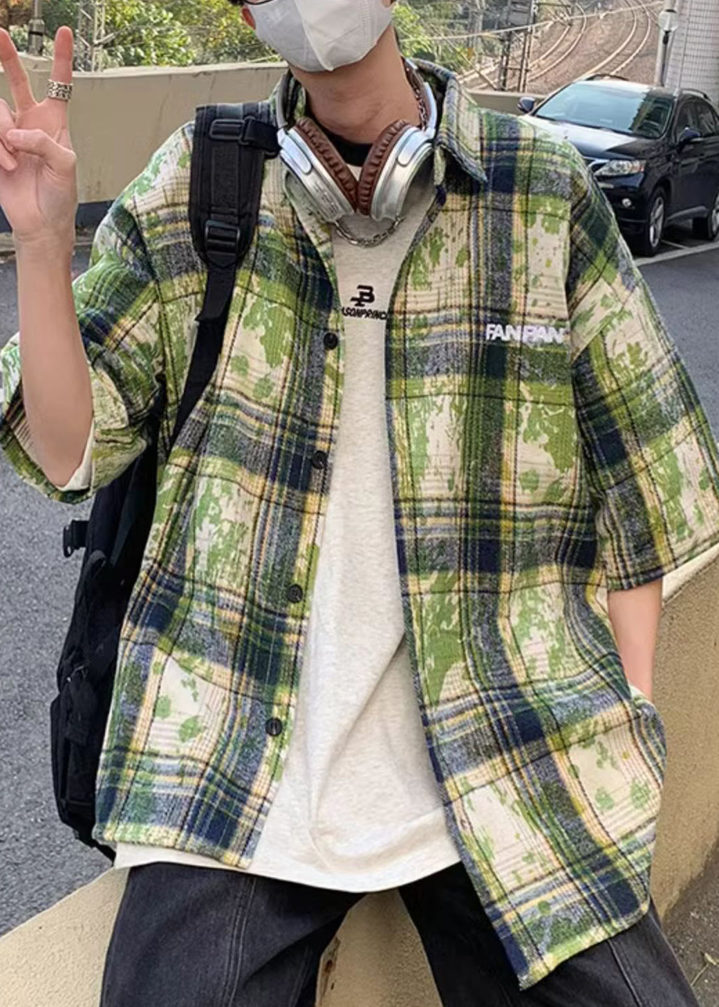 Summer Men Green Plaid Shirts Size Tie Plus Cotton Dye