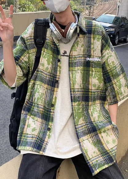 Summer Men Green Plaid Shirts Size Tie Plus Cotton Dye