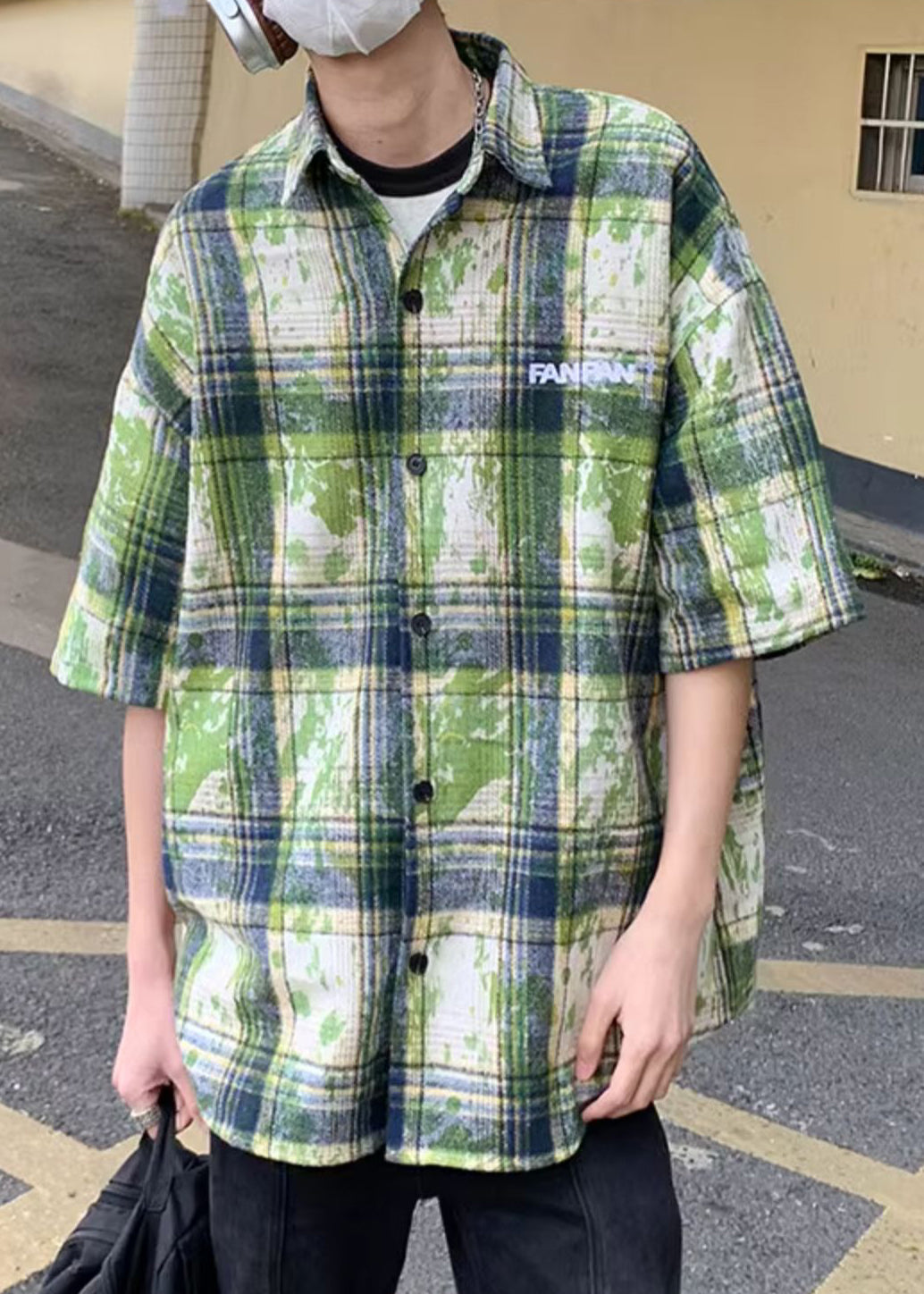 Summer Men Green Plaid Shirts Size Tie Plus Cotton Dye