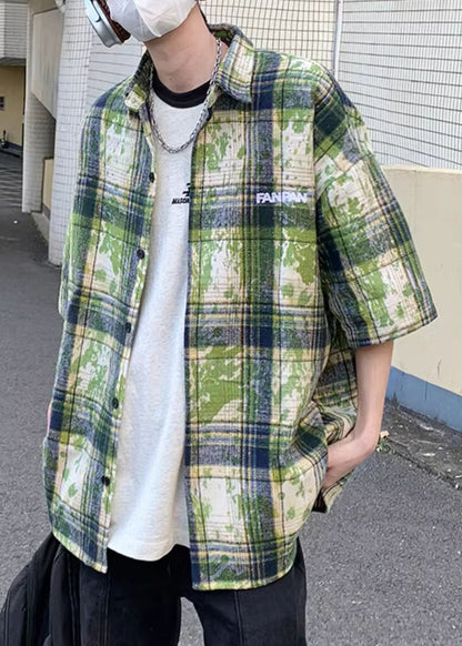 Summer Men Green Plaid Shirts Size Tie Plus Cotton Dye