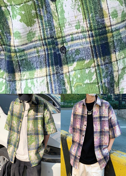 Summer Men Green Plaid Shirts Size Tie Plus Cotton Dye