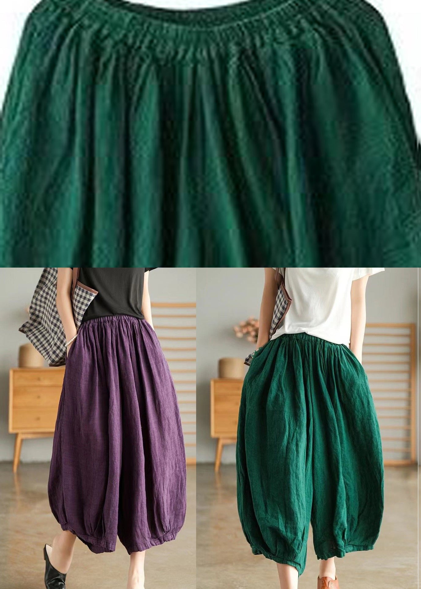 Pantalon court en lin vert à poches grande taille pour l'été VV063