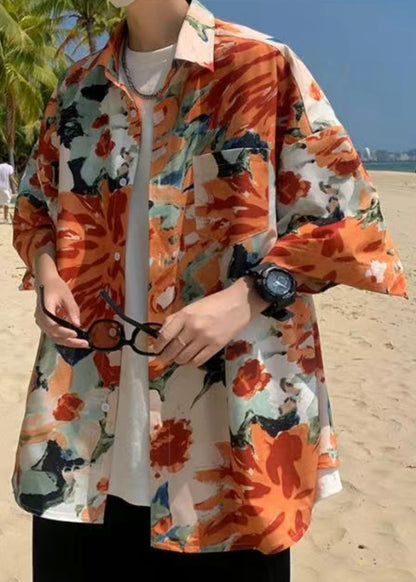 Green Cotton Shirts Print Sleeve Plus Pockets Half Mens Size