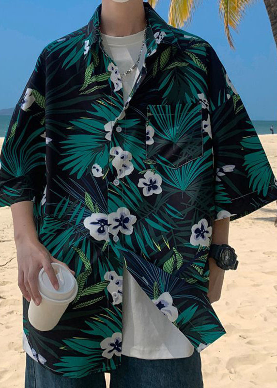 Green Cotton Shirts Print Sleeve Plus Pockets Half Mens Size