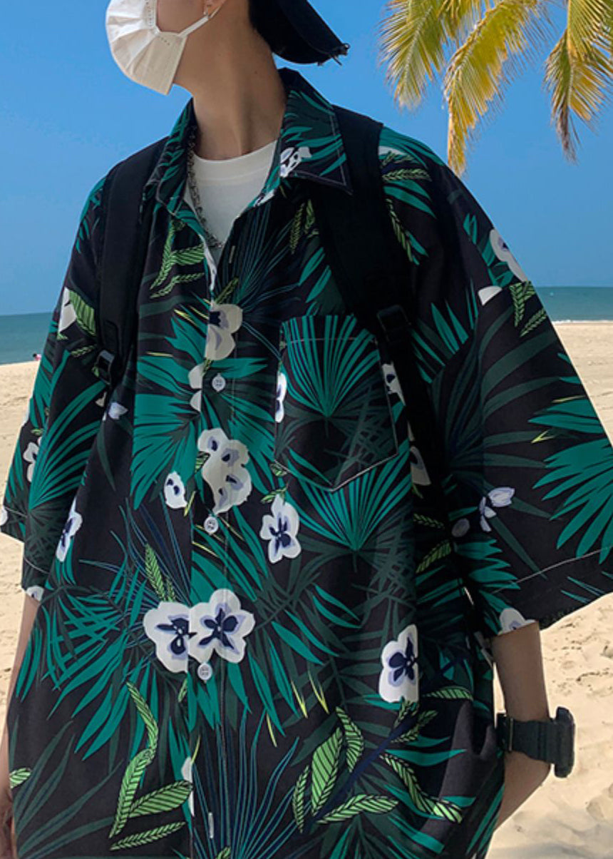 Green Cotton Shirts Print Sleeve Plus Pockets Half Mens Size