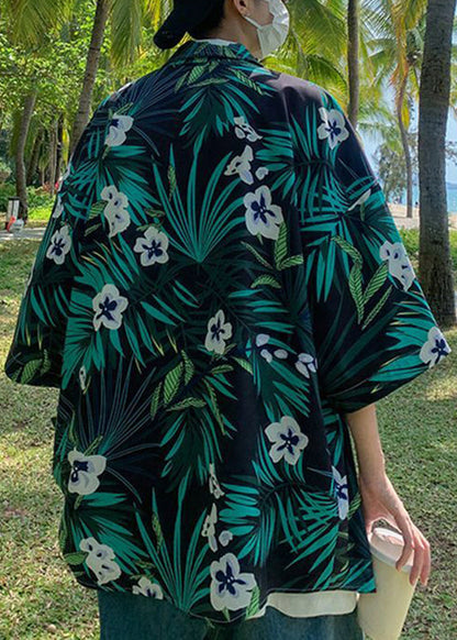 Green Cotton Shirts Print Sleeve Plus Pockets Half Mens Size