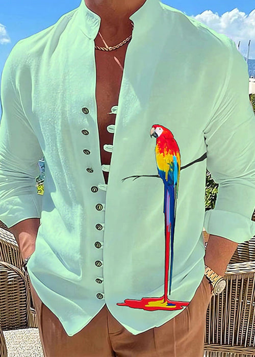 Plus Collar Size Print Fall Cotton Shirts Stand Men Button Green