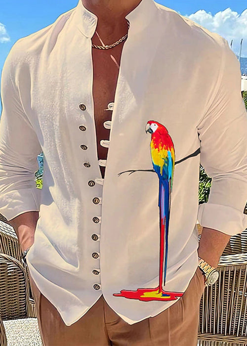 Plus Collar Size Print Fall Cotton Shirts Stand Men Button Green