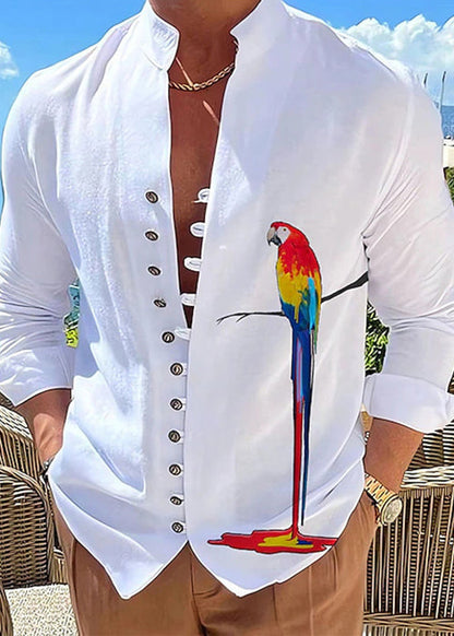 Plus Collar Size Print Fall Cotton Shirts Stand Men Button Green