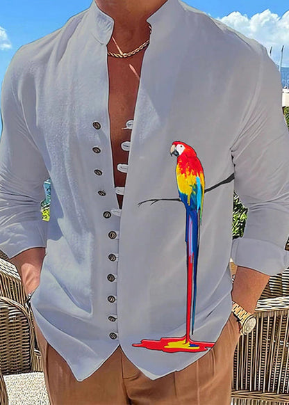 Plus Collar Size Print Fall Cotton Shirts Stand Men Button Green