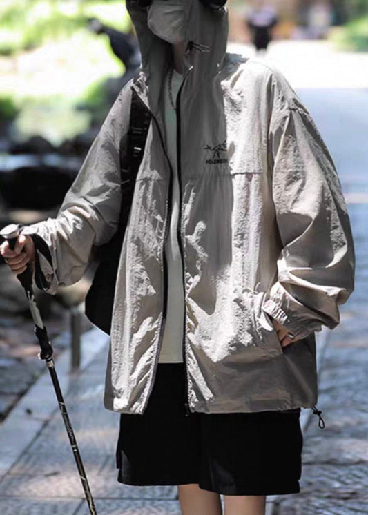 Ice UPF Size Silk Plus Embroideried 50+ Coat Grey Hooded Men