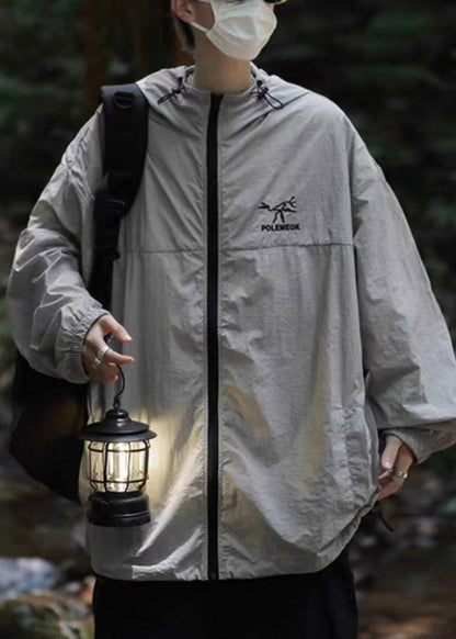 Ice UPF Size Silk Plus Embroideried 50+ Coat Grey Hooded Men