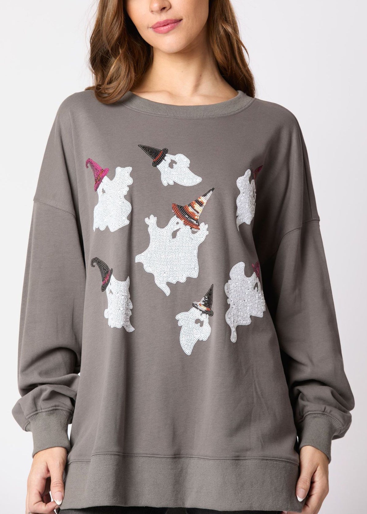 Plus Size Grey O Neck Print Cotton Sweatshirts Fall AE1035