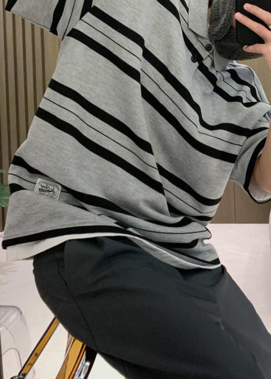 Men Grey Summer Button Plus Cotton Size Striped Shirts Polo