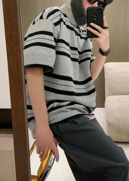 Men Grey Summer Button Plus Cotton Size Striped Shirts Polo