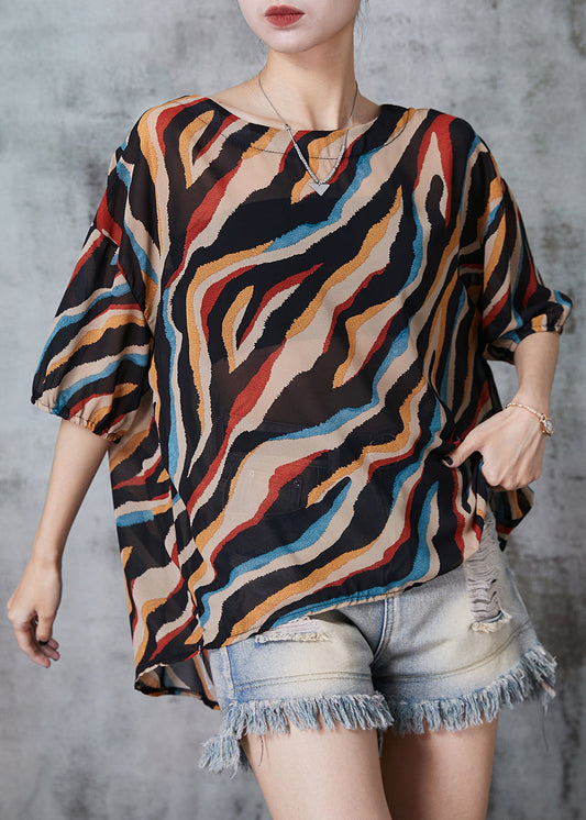 Plus Size Khaki Oversized Striped Chiffon Tops Summer AL1005