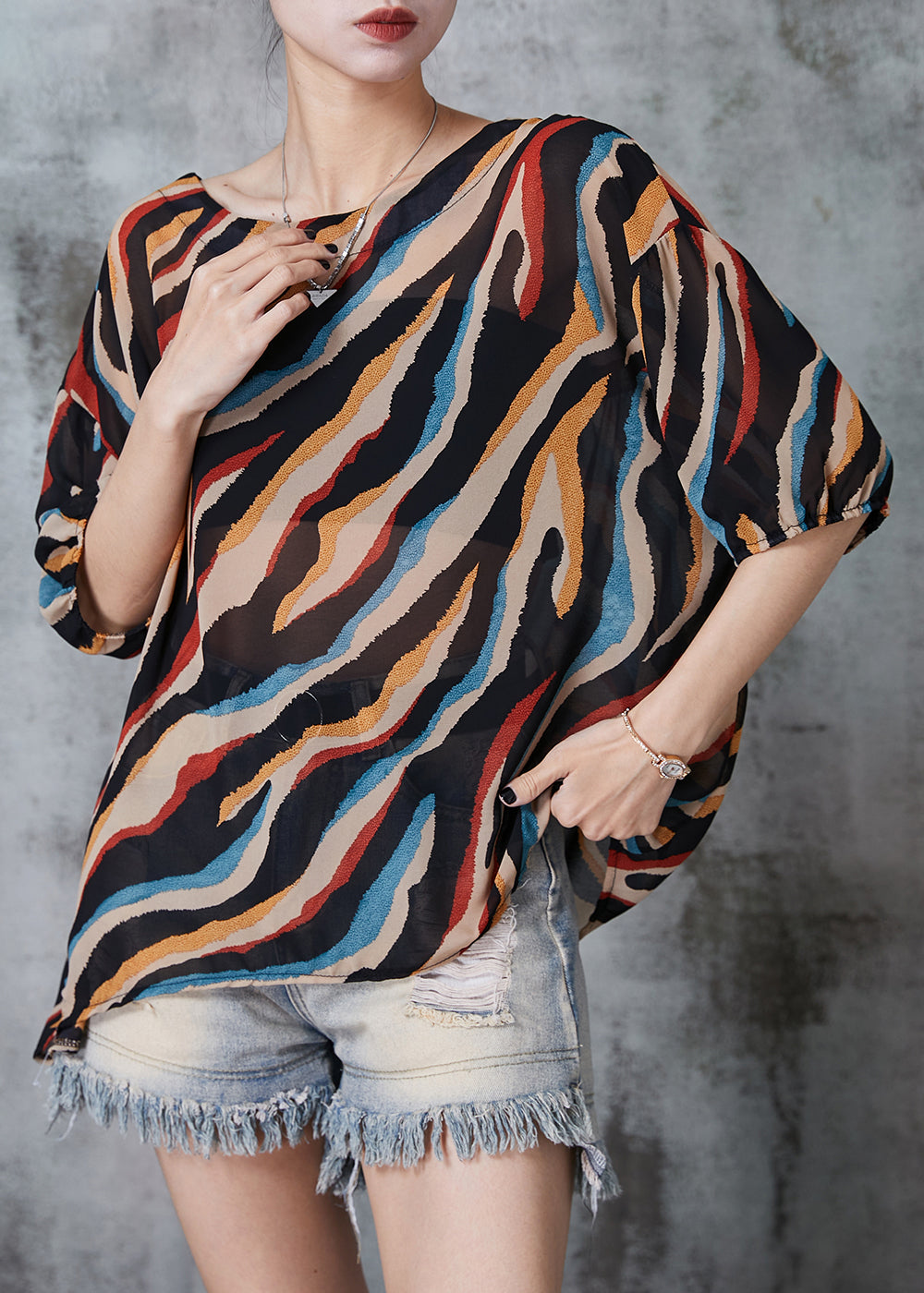 Plus Size Khaki Oversized Striped Chiffon Tops Summer AL1005